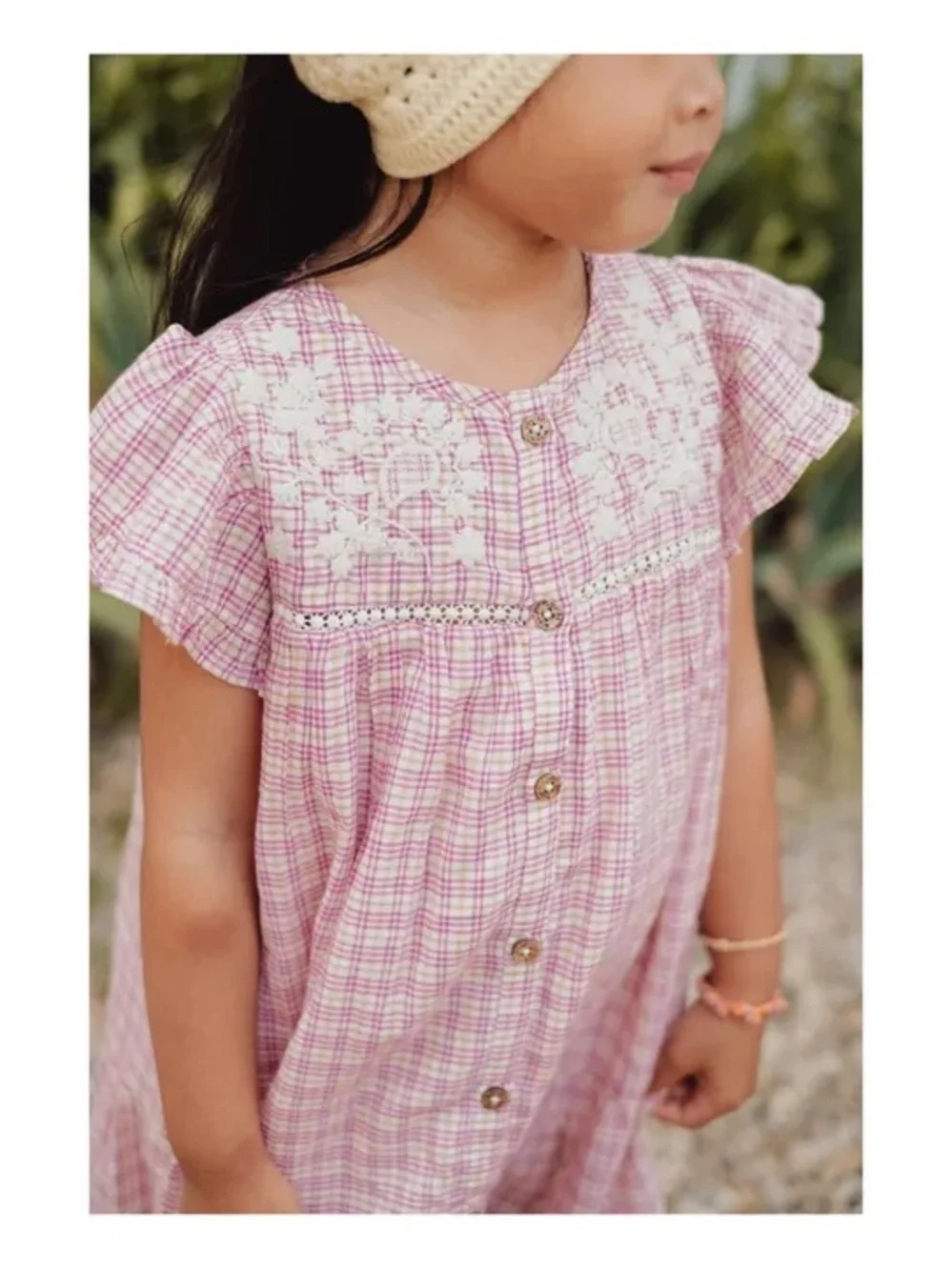 Girls' Pink Plaid Nightgown with Lace Yoke